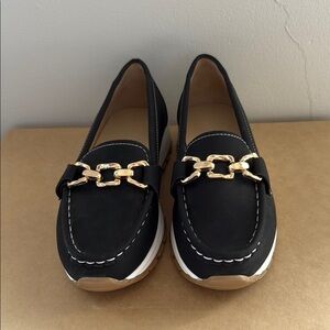 SHEIN Black Loafers with Gold Chain Accent